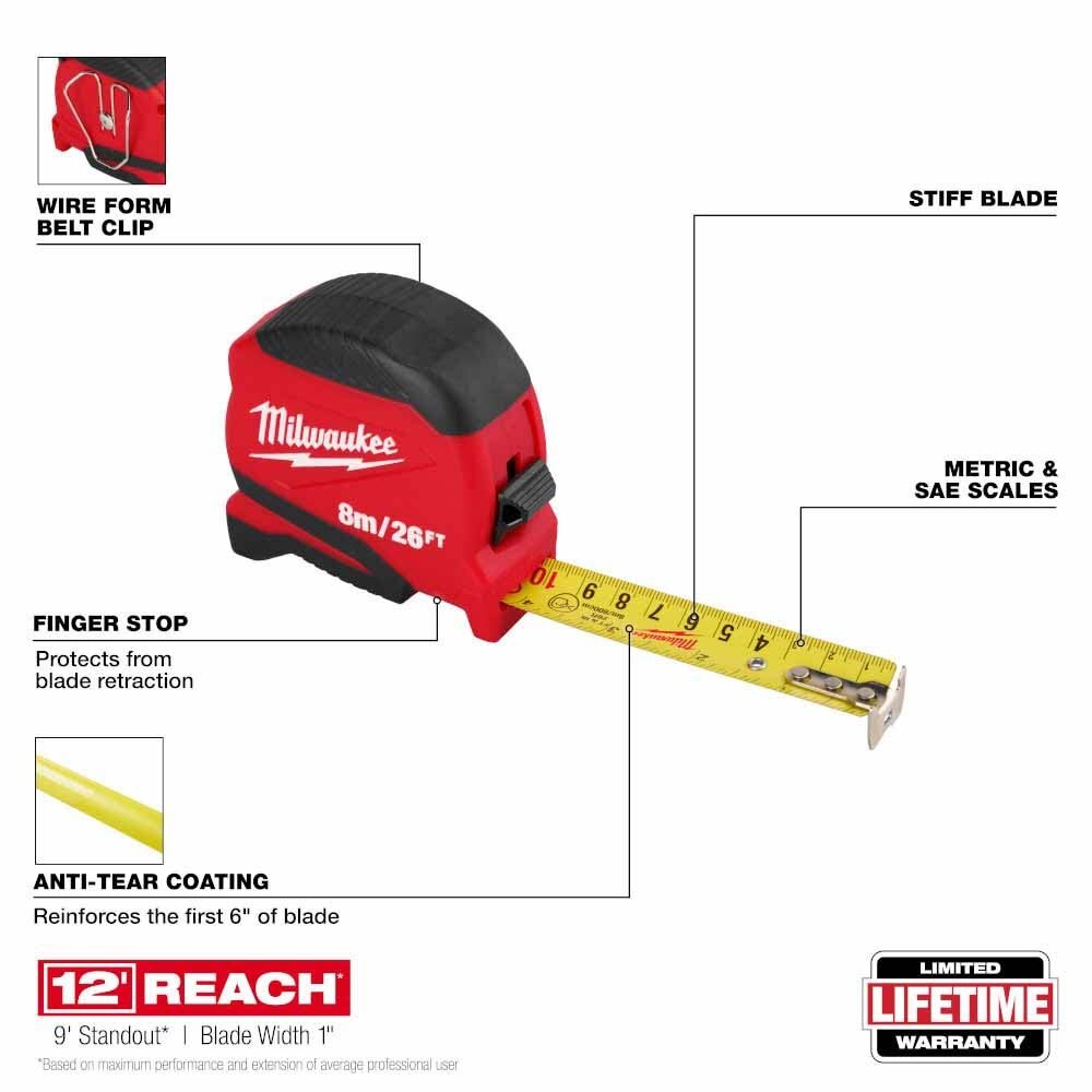 Milwaukee 48-22-1726 8m/26ft Compact Tape Measure - 2