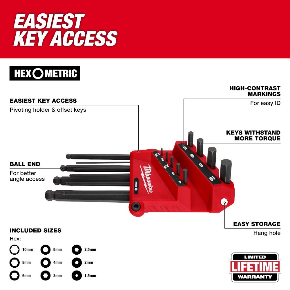 Milwaukee 48-22-2186 9-Key Ball End L-Key Set - Metric - 2