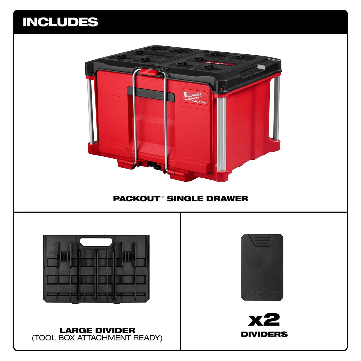 Milwaukee 48-22-8441 PACKOUT Single Drawer Tool Box 22.2" W x 16.3" L x 14.3" H with Locking Bar and Dividers - 5