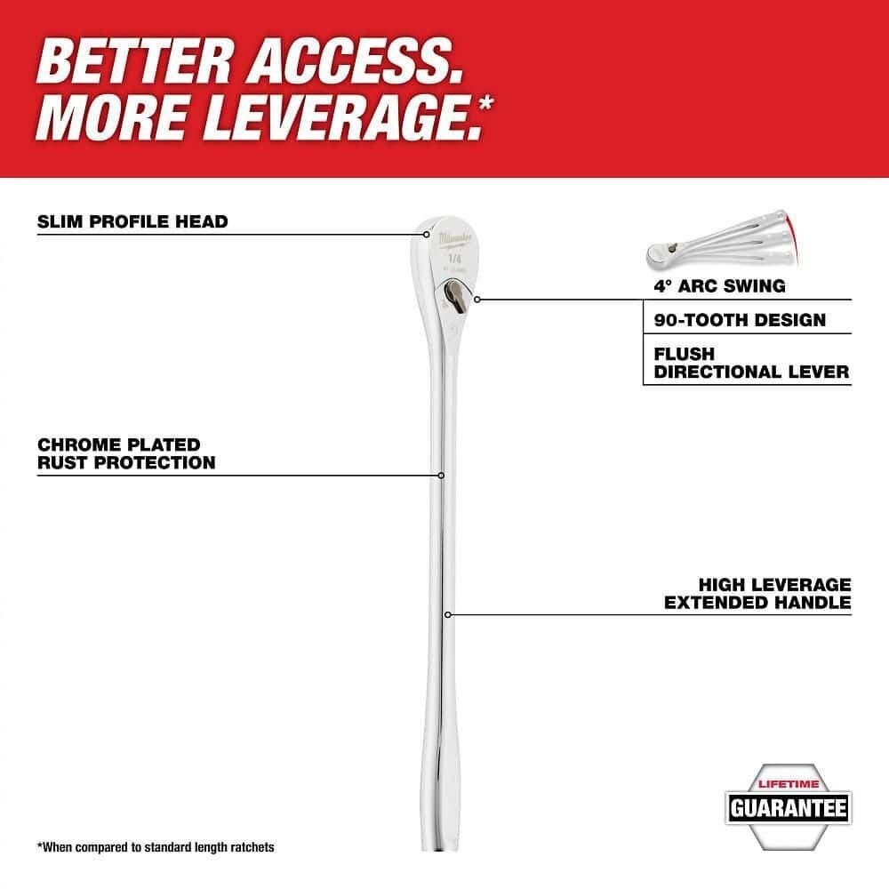 Milwaukee 48-22-9005 1/4 in. Drive 90-Tooth Extended Ratchet with 4 Degree Arc Swing (9 in.) - 2