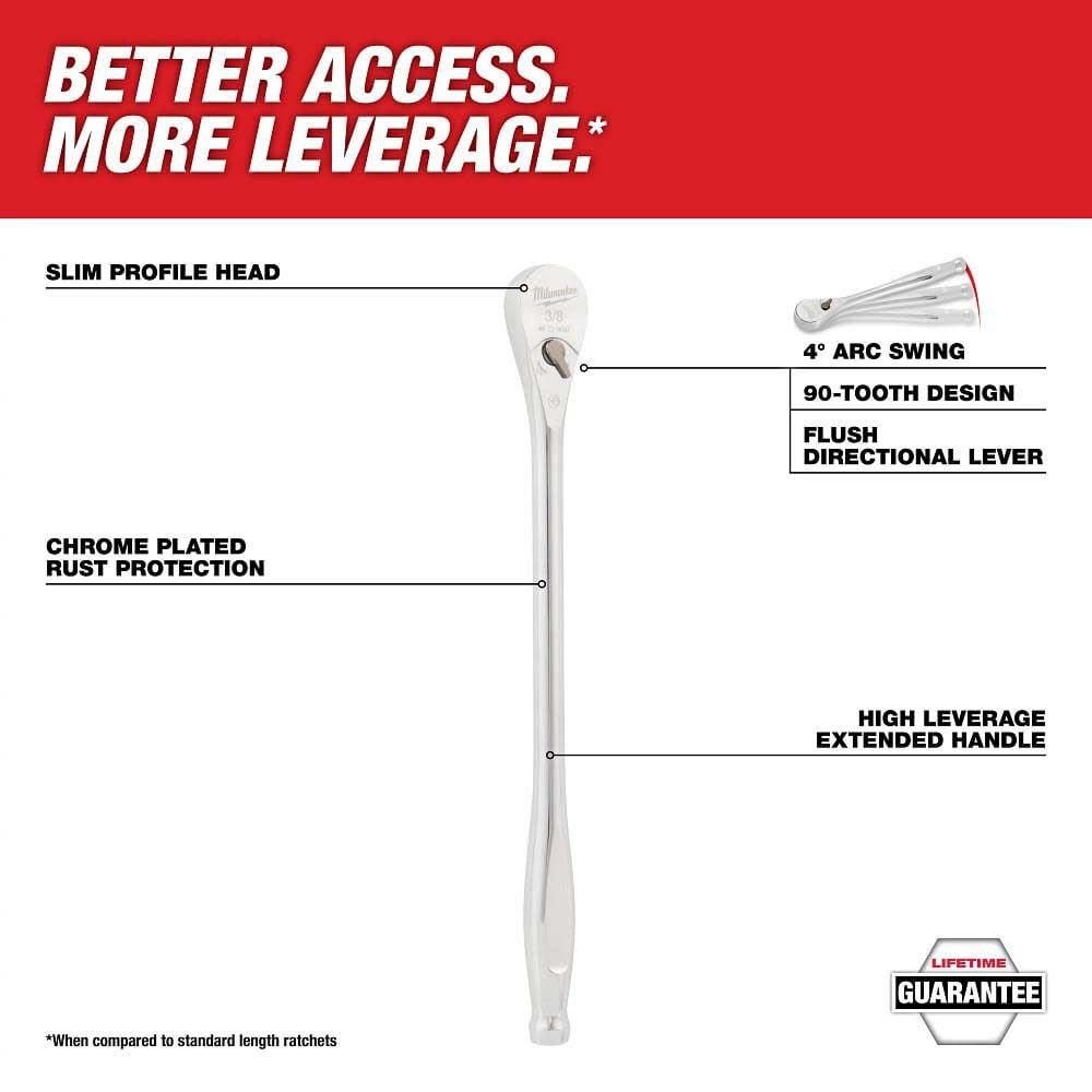 Milwaukee 48-22-9037 3/8 in. Drive 12 in. Ratchet with 90-Tooth Design and 4 Degree Arc Swing - 2