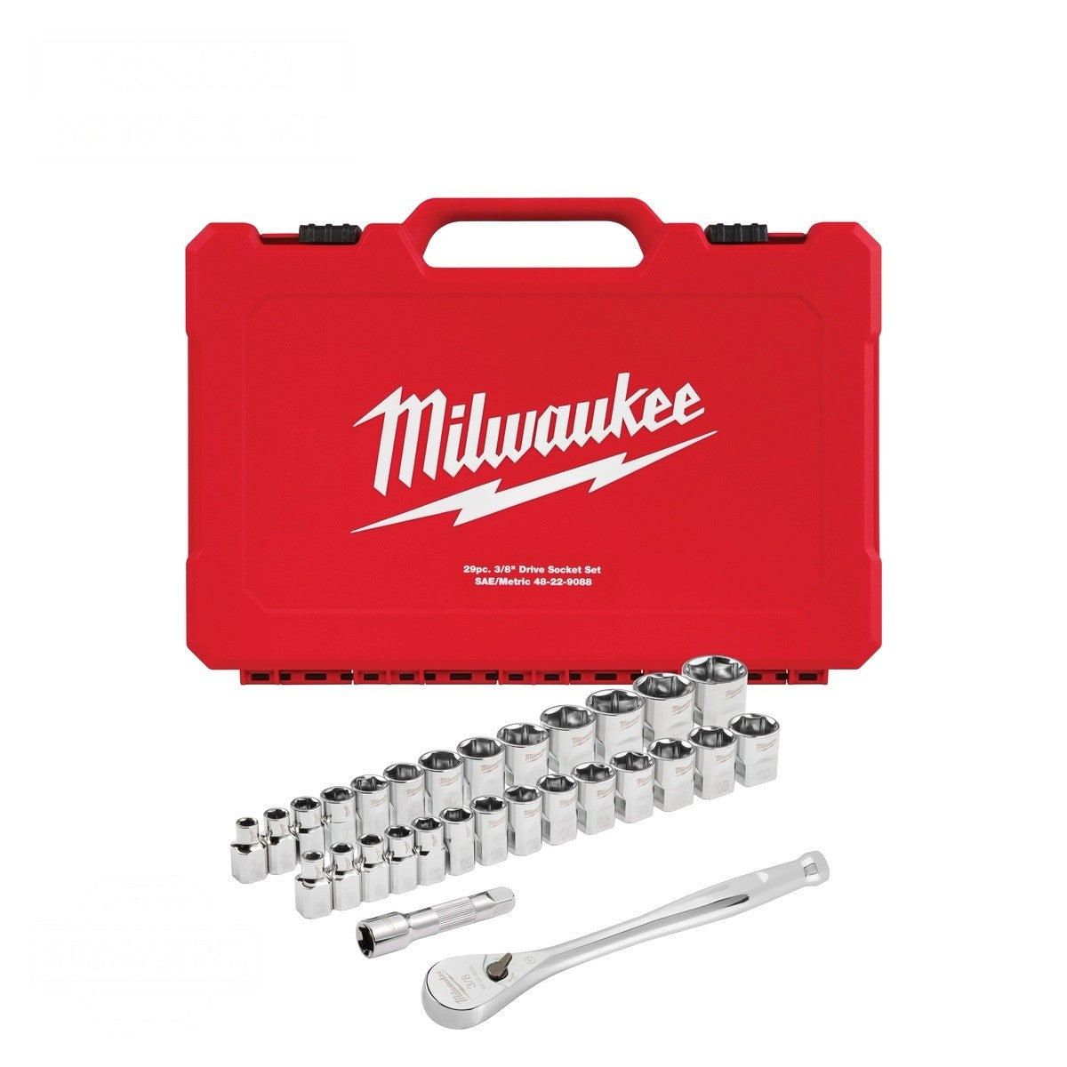 Milwaukee 48-22-9088 3/8" Drive Metric and SAE Ratchet and Socket Set with Four Flat Sides (29-Piece)