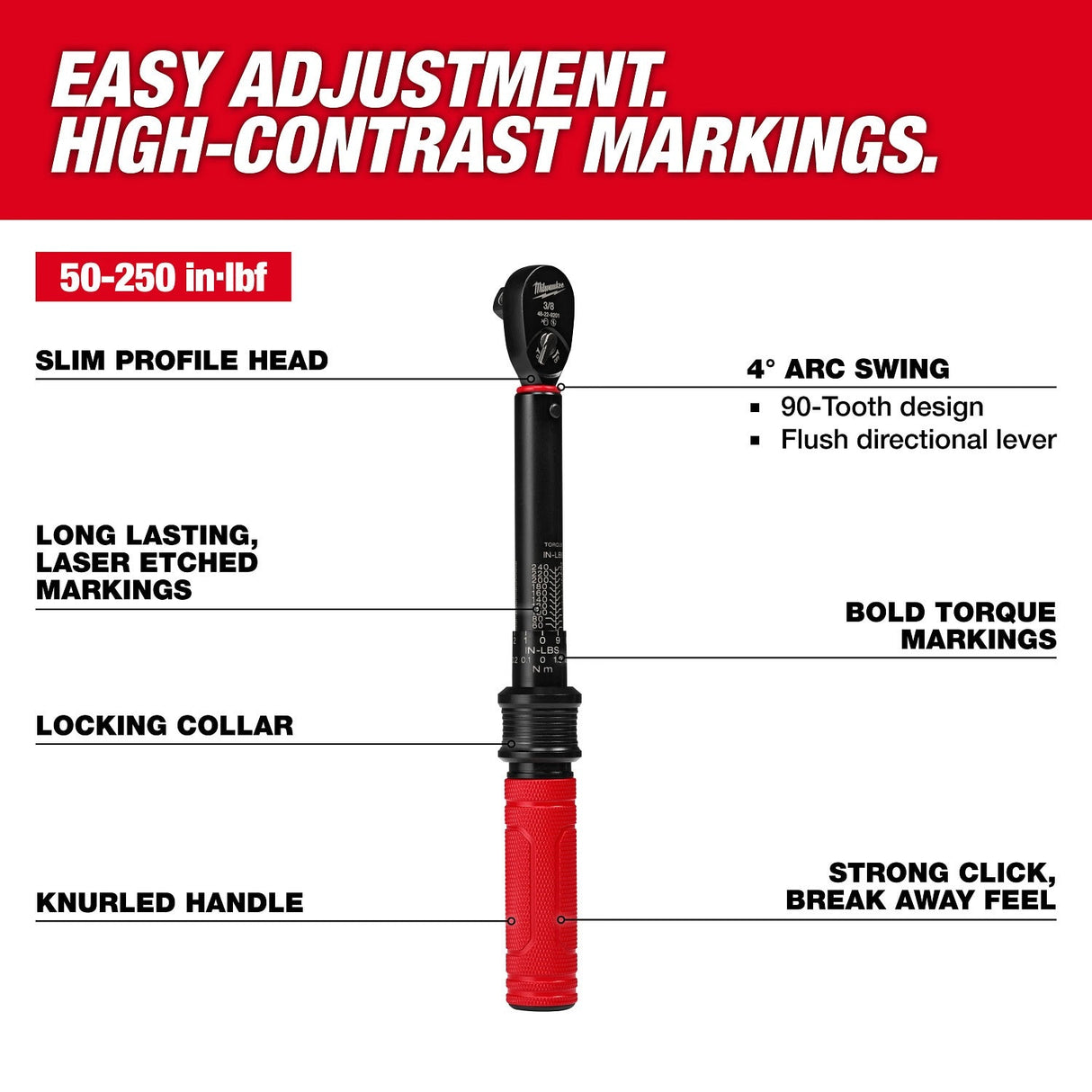 Milwaukee 48-22-9201 3/8 Inch Drive Click Torque Wrench with 50-250 in-lbf Range - 2