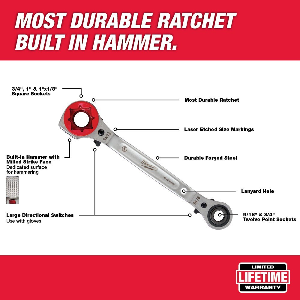 Milwaukee 48-22-9216M Lineman's 5in1 Racheting Wrench w/ Milled Face - 8