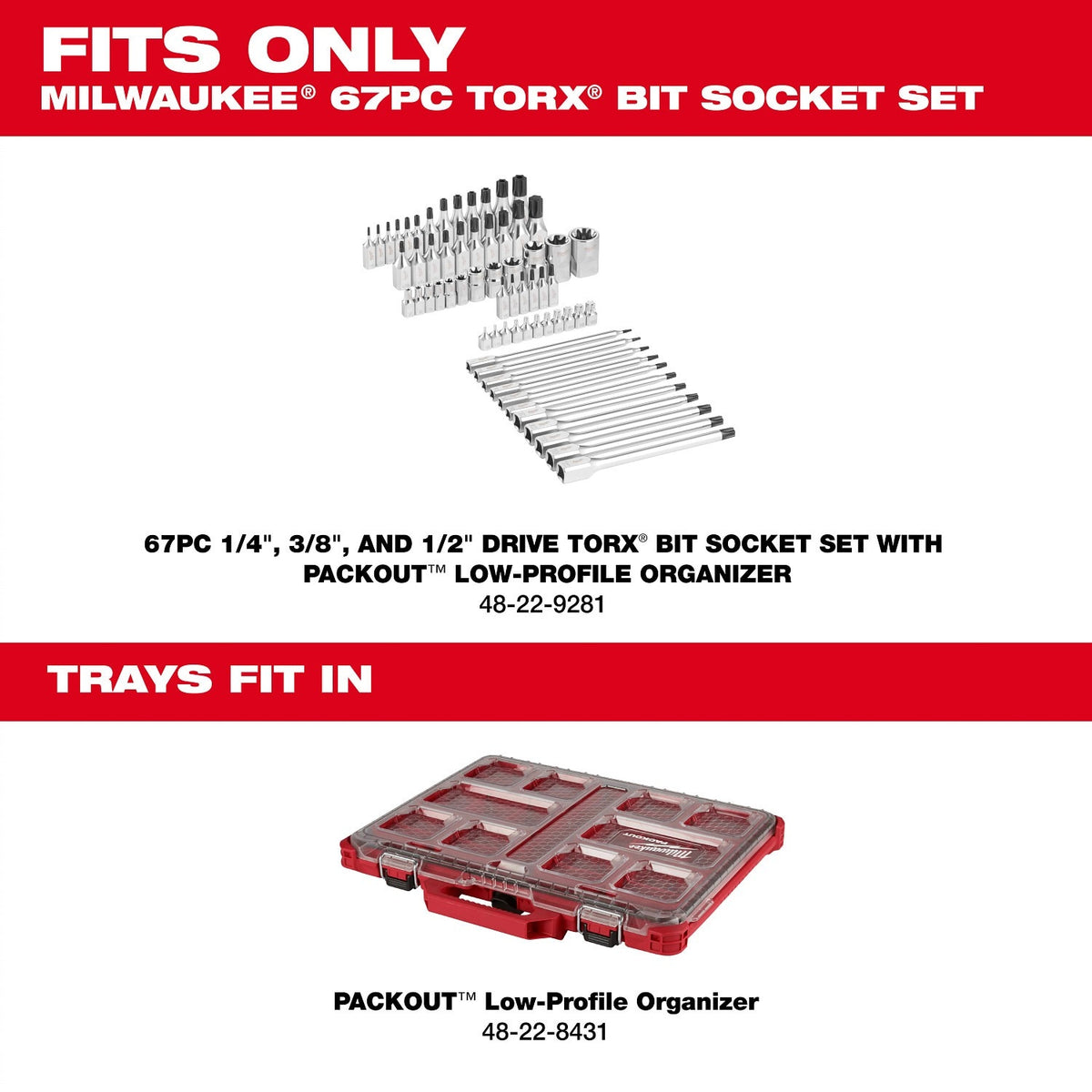 Milwaukee 48-22-9281 1/4" 3/8" and 1/2" Drive TORX Bit Socket Set with PACKOUT Low-Profile Organizer (67 Piece) - 11
