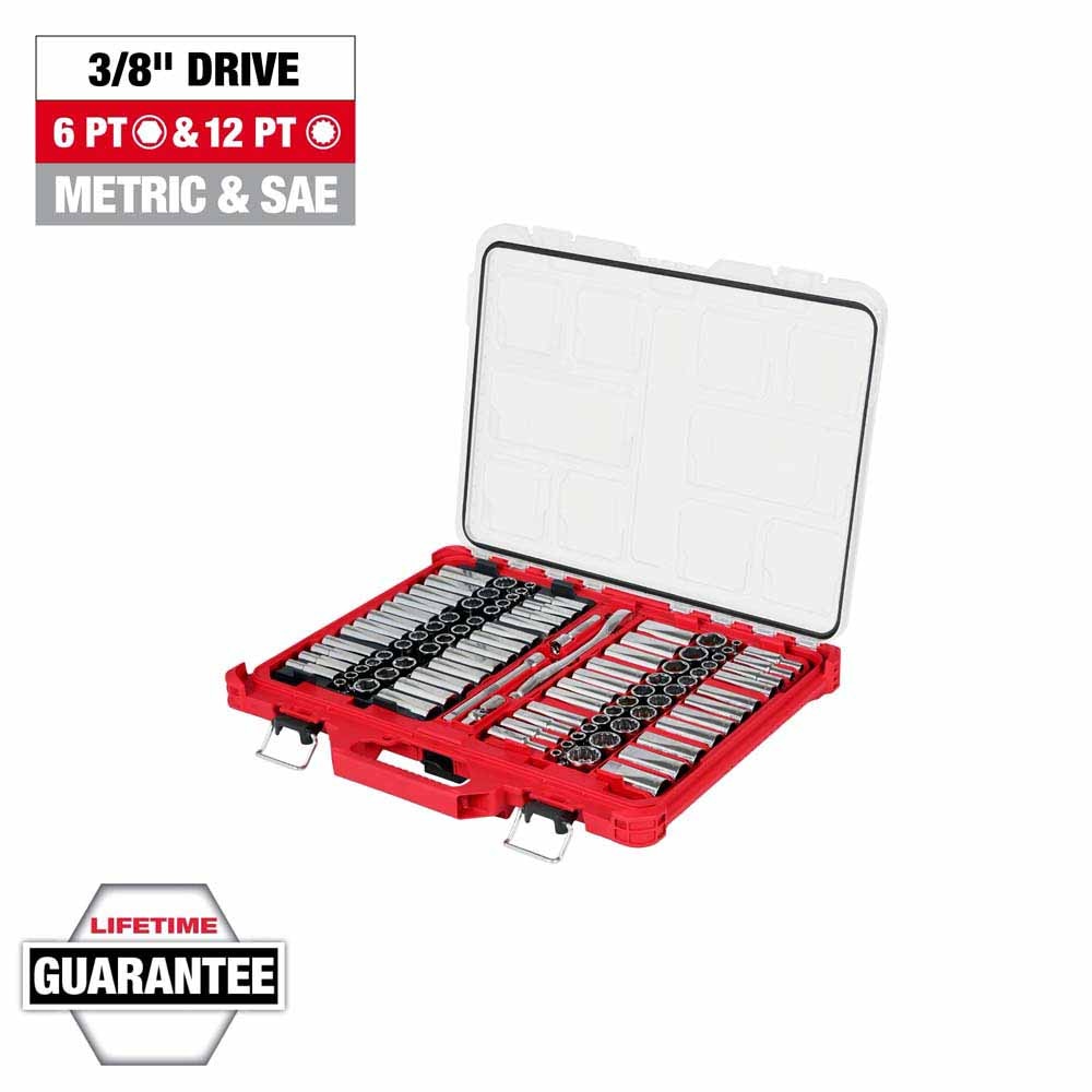 Milwaukee 48-22-9285 98pc 3/8" 6-Pt & 12-Pt Metric & SAE Ratchet & Socket Set w PACKOUT Organizer - 3