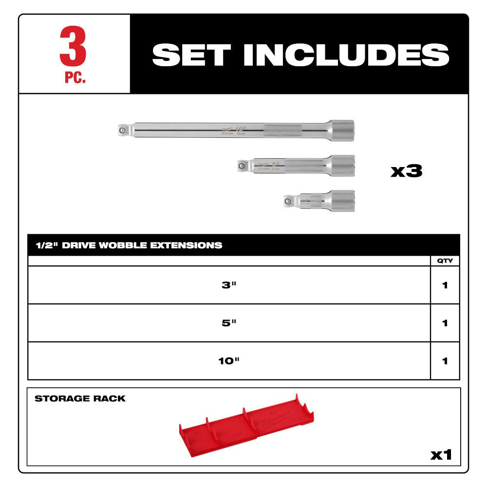 Milwaukee 48-22-9352 3pc 1/2" Drive Wobble Extension Set - 2
