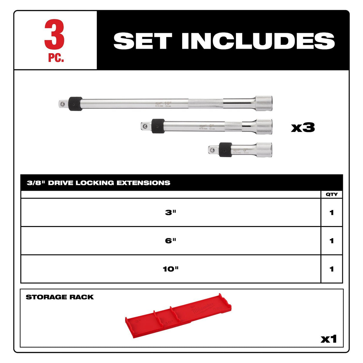 Milwaukee 48-22-9361 3pc 3/8” Drive Locking Extension Set - 4
