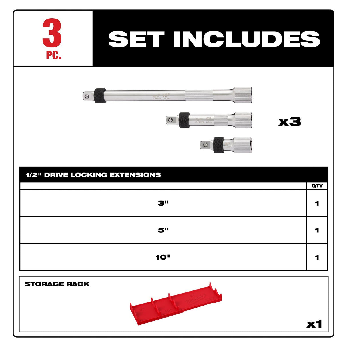 Milwaukee 48-22-9362 3pc 1/2” Drive Locking Extension Set - 4