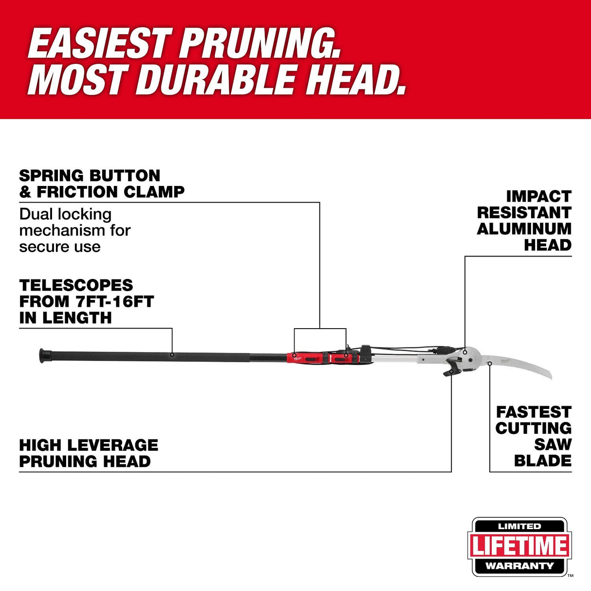 Milwaukee 48-22-9375 16' Pole Saw & Pruner – Telescoping Fiberglass & Aluminum Pole - 2