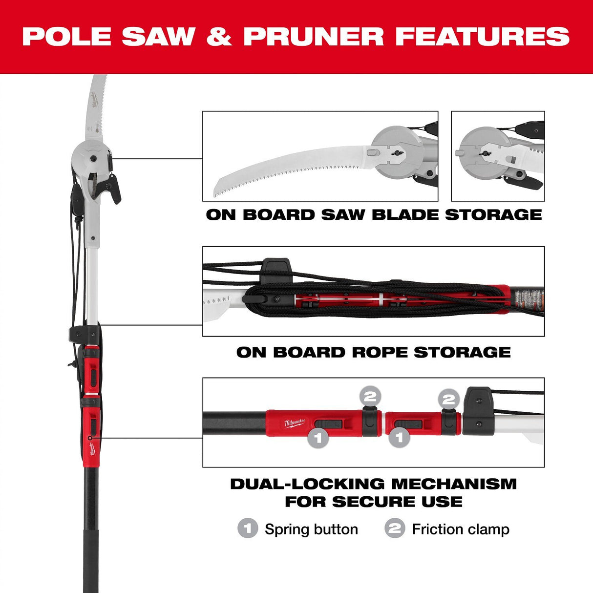 Milwaukee 48-22-9375 16' Pole Saw & Pruner – Telescoping Fiberglass & Aluminum Pole - 4