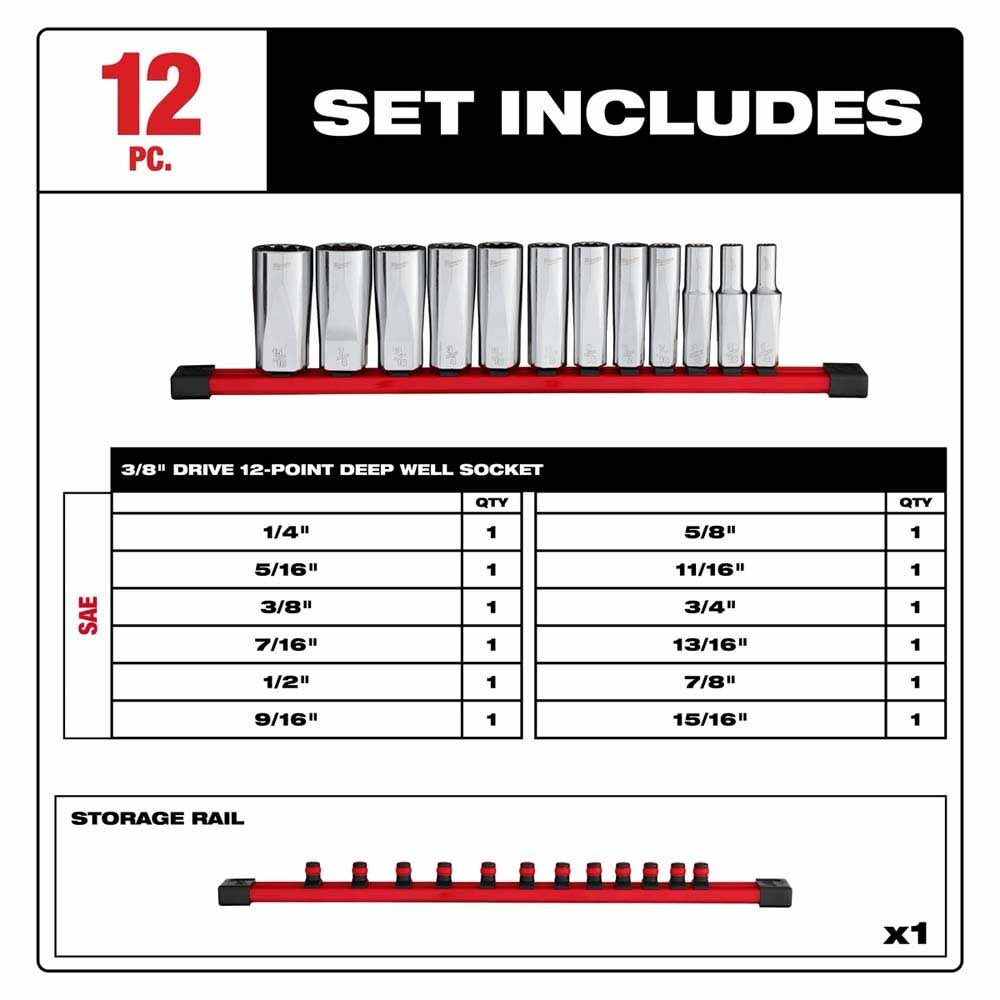 Milwaukee 48-22-9421 12pc 3/8” Drive 12-Point Deep Well SAE Socket Set - 3