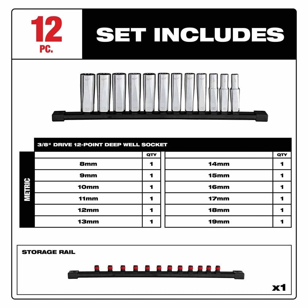 Milwaukee 48-22-9521 12pc 3/8” Drive 12-Point Deep Well Metric Socket Set - 3