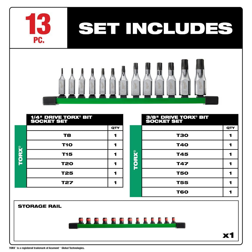 Milwaukee 48-22-9532 13pc 1/4" and 3/8" Drive TORX Bit Socket Set - 2