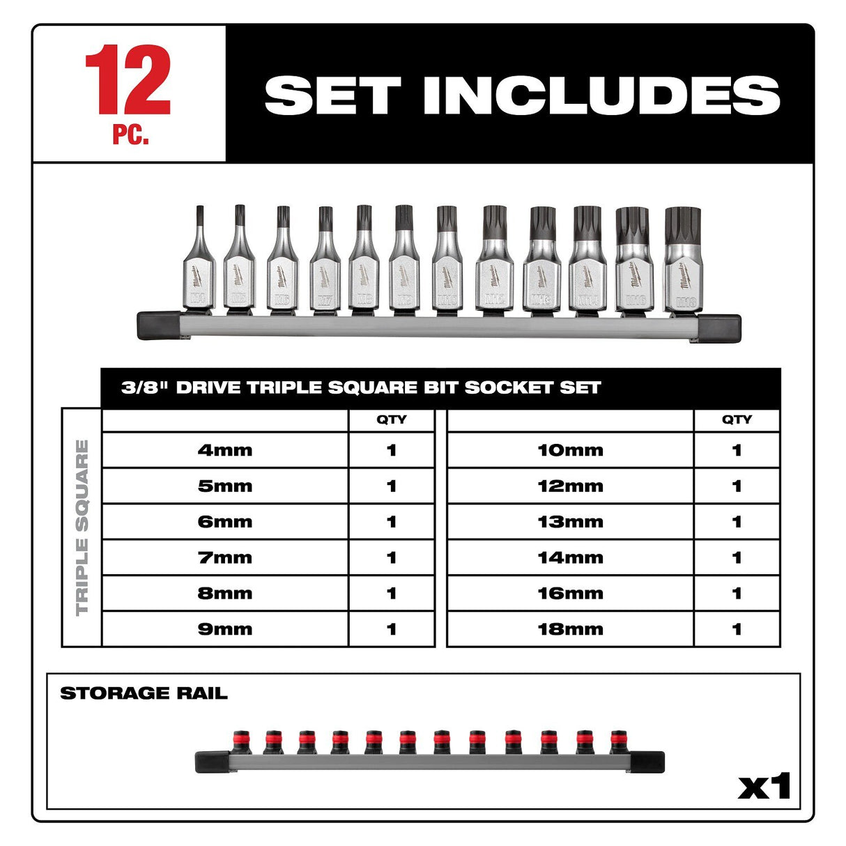 Milwaukee 48-22-9536 3/8 Inch Triple Square Bit Socket Set with FOUR FLAT Sides (12 Piece) - 2