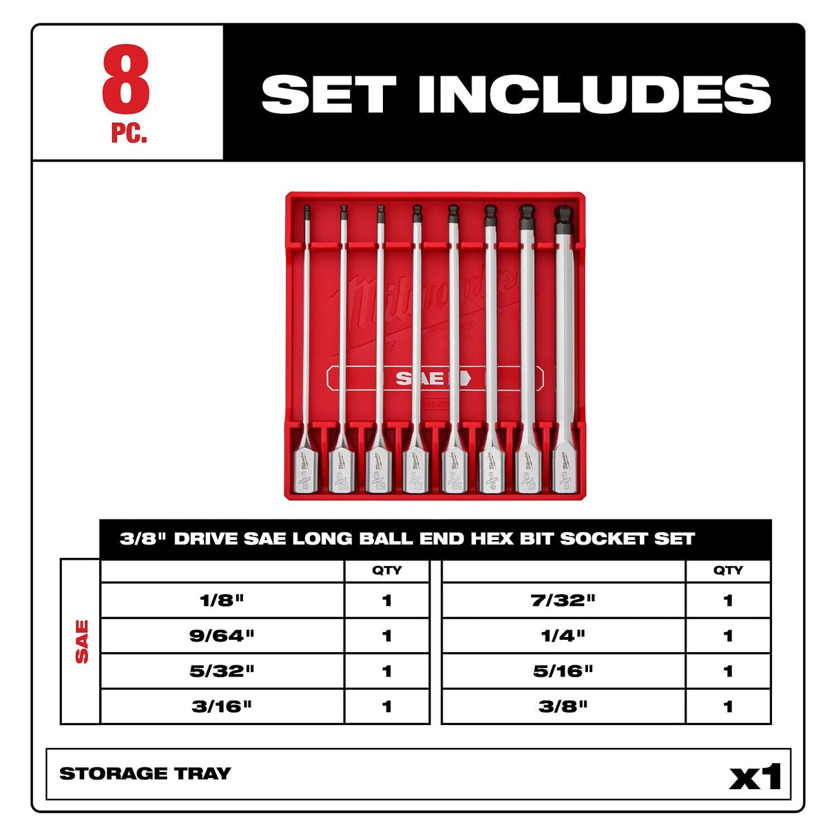 Milwaukee 48-22-9549 3/8 in. Drive SAE Long Ball End Hex Bit Socket Set with FOUR FLAT sides (8 Piece) - 2