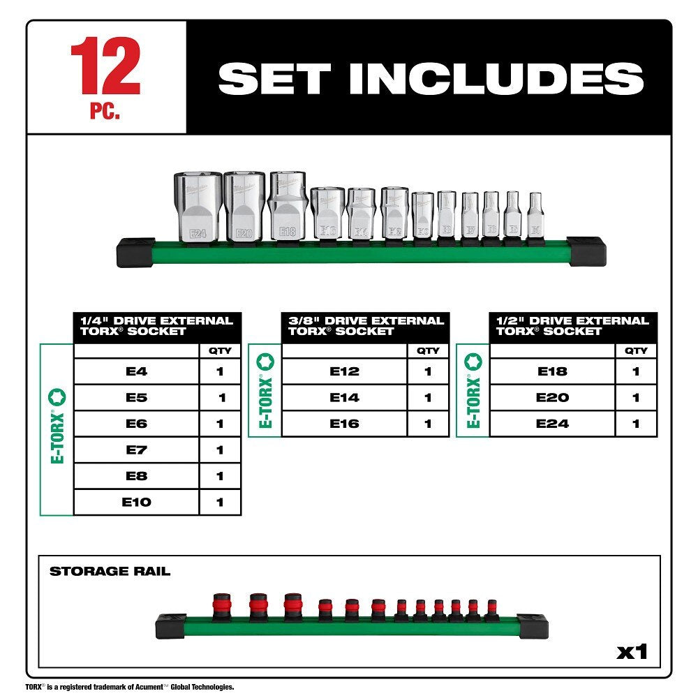 Milwaukee 48-22-9570 12pc 1/4”, 3/8”, & 1/2” Drive External TORX Socket Set - 4