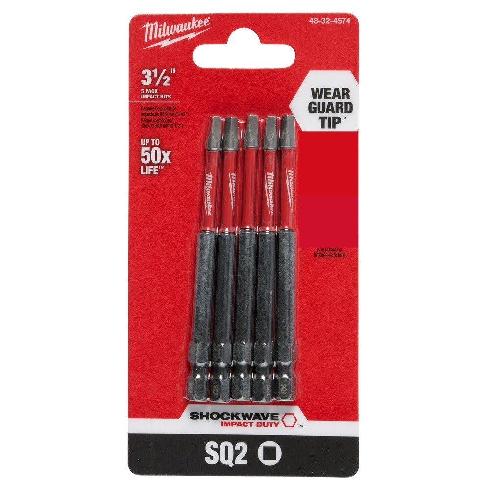 Milwaukee 48-32-4574 SHOCKWAVE™ 5-Piece 3-1/2 in. Impact Square Recess #2 Power Bits - 8