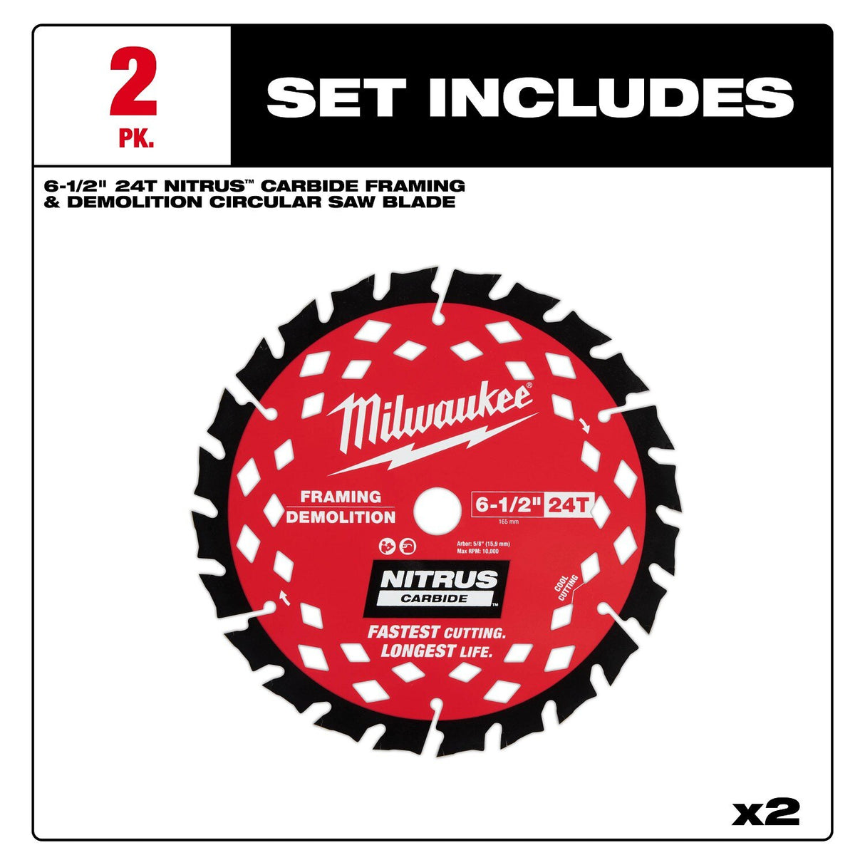 Milwaukee 48-40-0652 6-1/2 " 24T NITRUS Carbide Framing and Demolition Circular Saw Blade (2 Pack) - 3