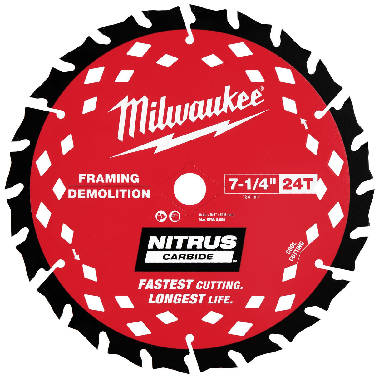 Milwaukee 48-40-0750 7-1/4" 24T NITRUS Carbide Framing & Demolition Circular Saw Blade