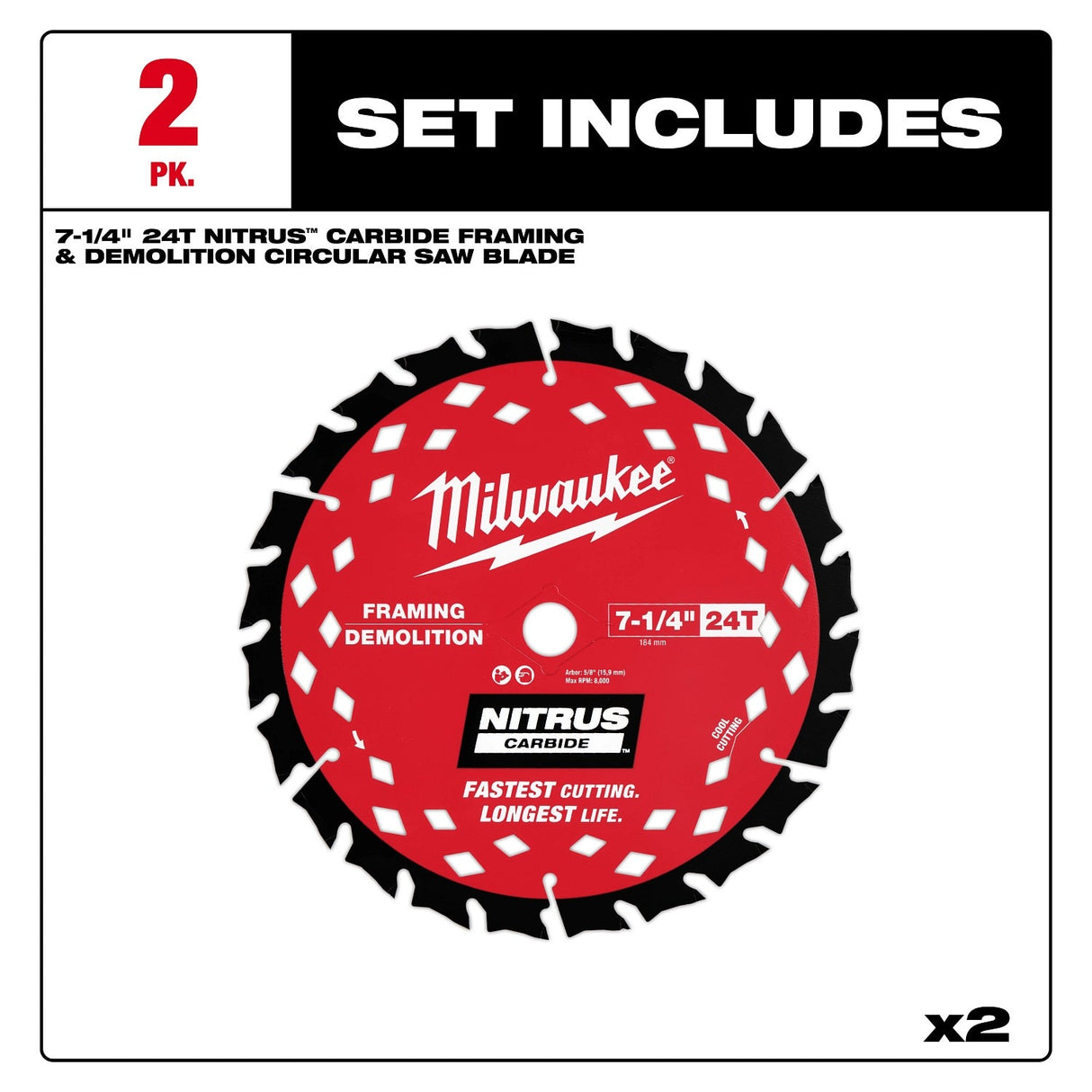 Milwaukee 48-40-0752 7-1/4" 24T NITRUS Carbide Framing & Demolition Circular Saw Blade 2 Pack - 4