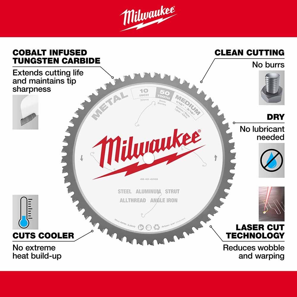 Milwaukee 48-40-4260 10" 50T METAL CSB, 5/8" - 4