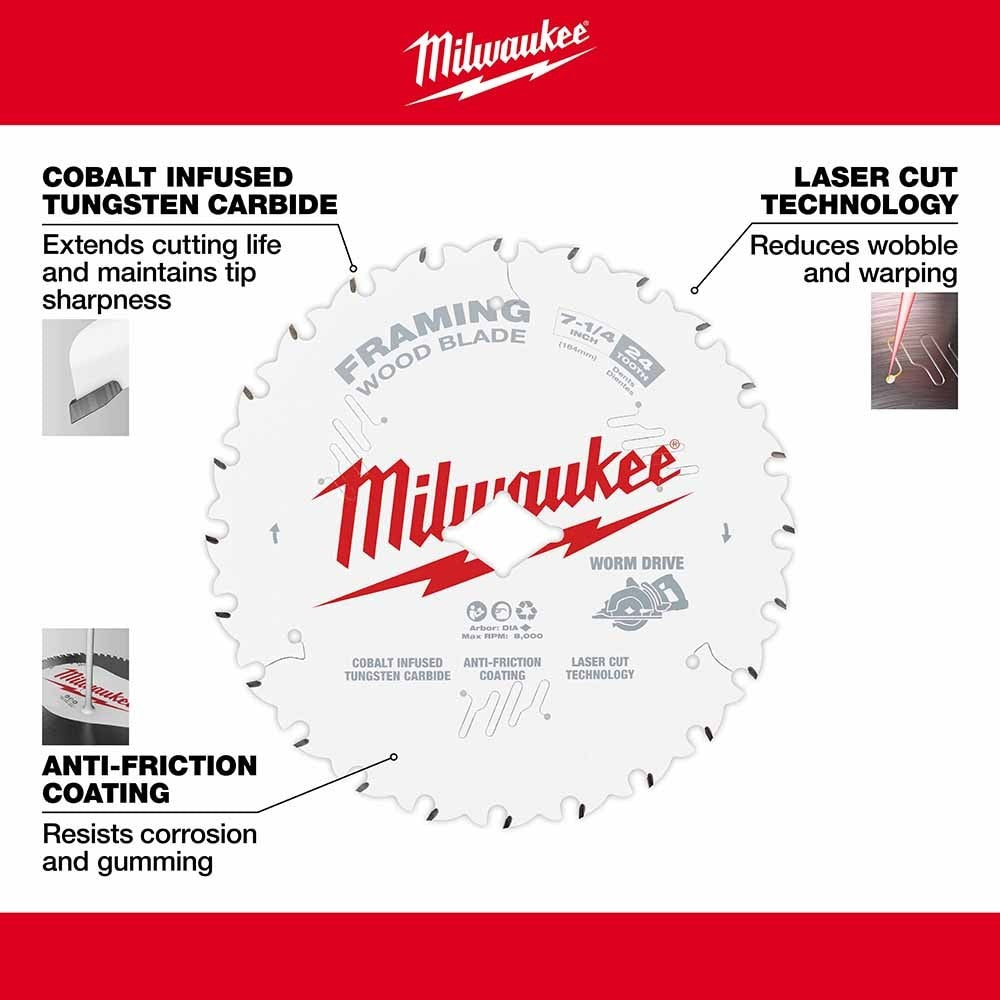 Milwaukee 48-41-0723 7-1/4" 24T Worm Drive Framing Circular Saw Blades Bulk 10 - 4