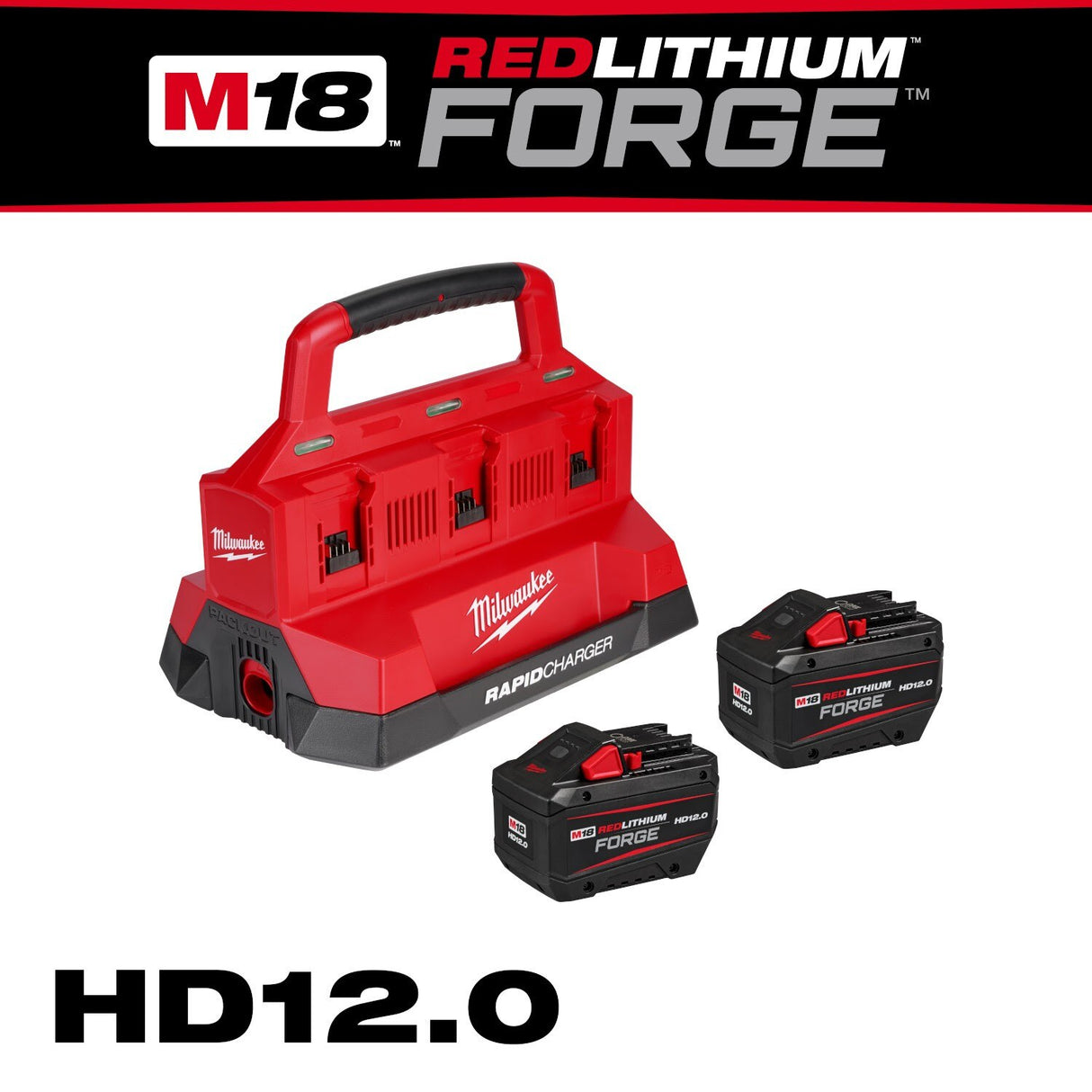 Milwaukee 48-59-1842F M18 18V Lithium-Ion REDLITHIUM FORGE Starter Kit with Two 12.0 Ah Battery Packs and PACKOUT 6-Port Rapid Charger - 3