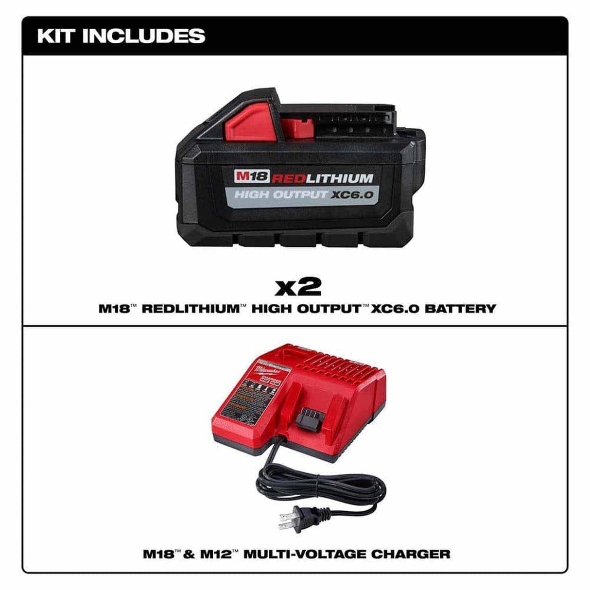 Milwaukee 48-59-1862S M18 High Output XC6.0 Battery 2-Pack with M18/M12 Multi-Voltage Charger (3 Piece) - 2