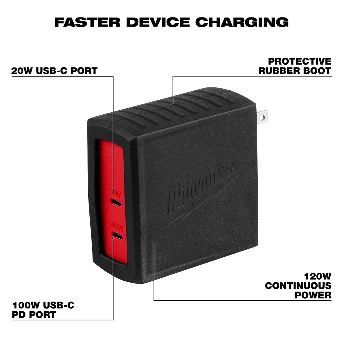 Milwaukee 48-59-2847 120W USB-C 2-Port Wall Adapter with 100W PD and 20W USB-C Ports - 2