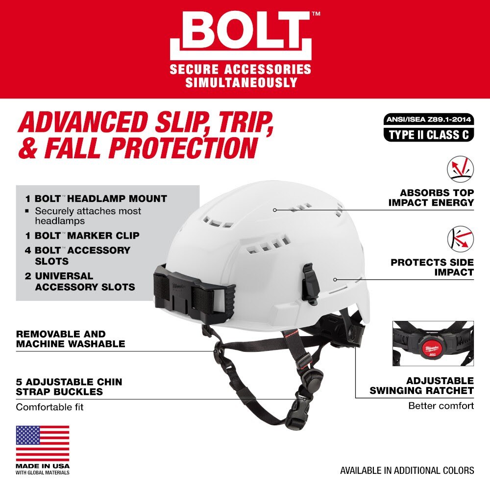 Milwaukee 48-73-1350 BOLT White Vented Safety Helmet with IMPACT ARMOR Liner (USA) - Type 2, Class C - 3