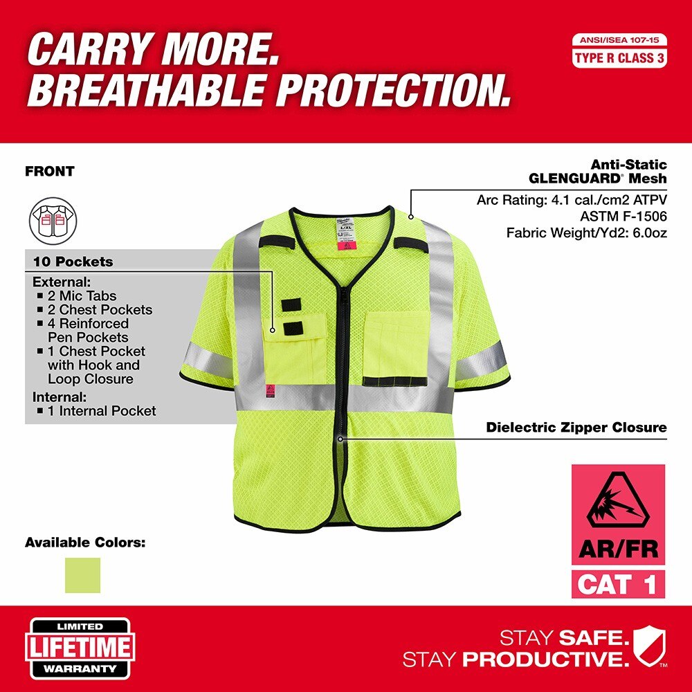 Milwaukee 48-73-5221 AR/FR Cat. 1 Class 3 High Visibility Yellow Mesh Safety Vest - S/M - 4