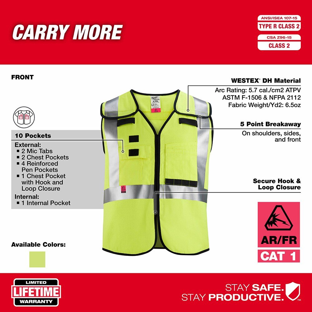 Milwaukee 48-73-5314 AR/FR Cat. 1 Class 2 Breakaway High Visibility Yellow Safety Vest - 4XL/5XL - 5