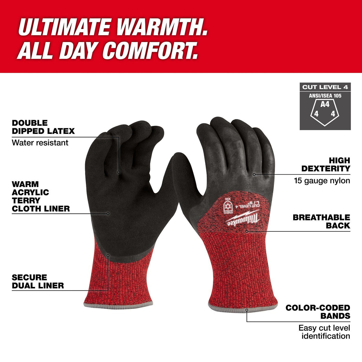 Milwaukee 48-73-7942E Cut Level 4 Winter Dipped Gloves - Large (12 Pack) - 2