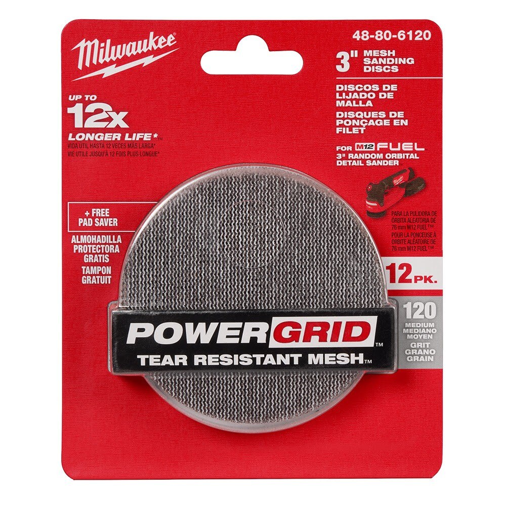 Milwaukee 48-80-6120 3" 120 Grit Mesh Sanding Discs with POWERGRID Tear Resistant Mesh - 12 pk + Pad Saver - 11