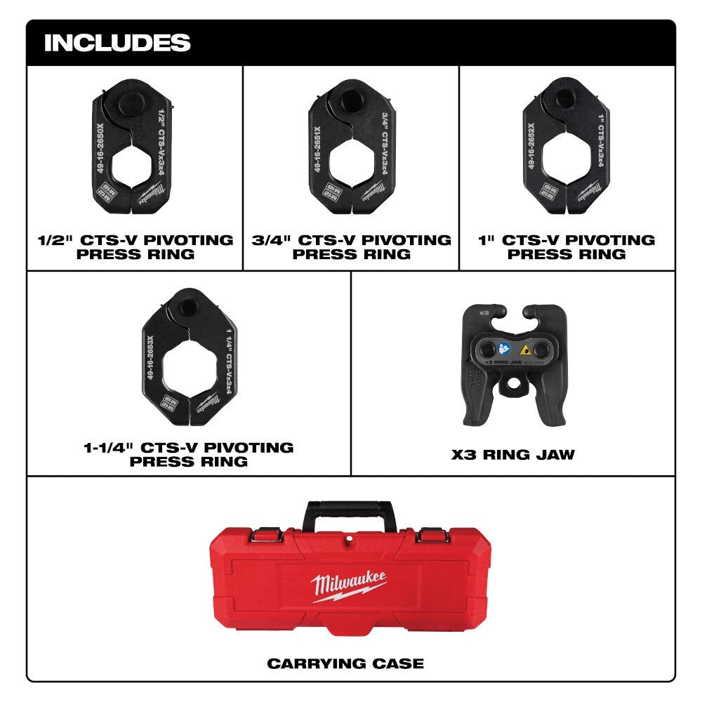 Milwaukee 49-16-2490X 1/2" - 1-1/4" CTS-V Pivoting Press Ring Kit for M12 FORCE LOGIC Press Tool - 2