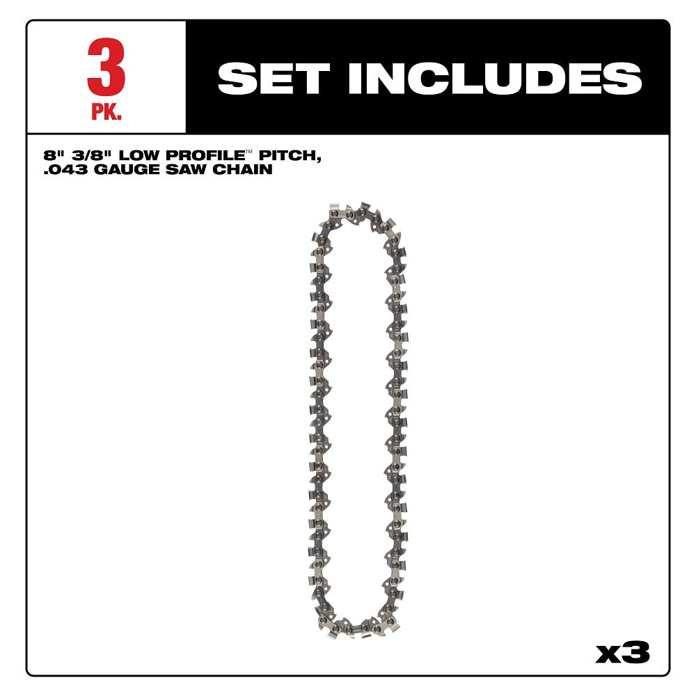 Milwaukee 49-16-2817 8" 3/8" LOW PROFILE Pitch, .043" Gauge Saw Chain - 3 PK - 2