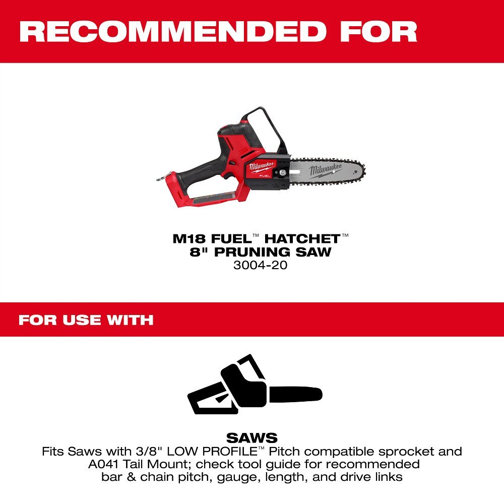 Milwaukee 49-16-2818 8" 3/8" LOW PROFILE Pitch, .043" Gauge Saw Chain and Guide Bar Set - 3