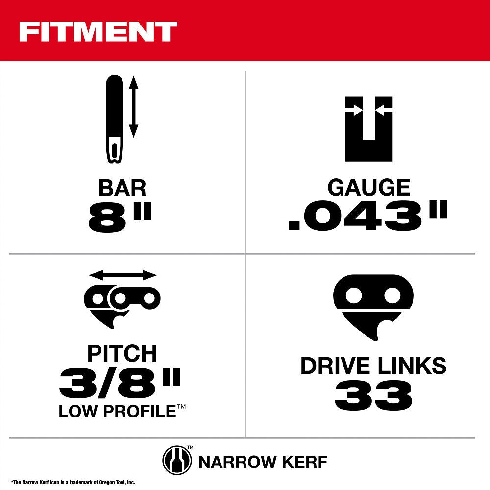 Milwaukee 49-16-2818 8" 3/8" LOW PROFILE Pitch, .043" Gauge Saw Chain and Guide Bar Set - 4