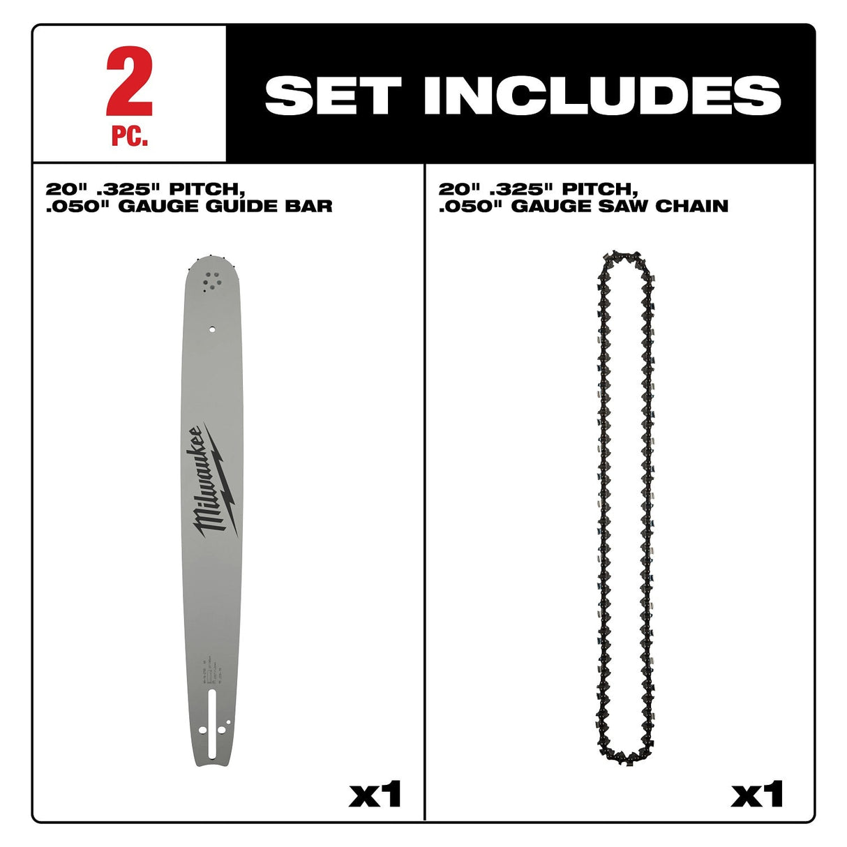 Milwaukee 49-16-2848 20 in. Saw Chain and Guide Bar Set 0.325 Pitch 0.050 Gauge (2 Piece) - 2