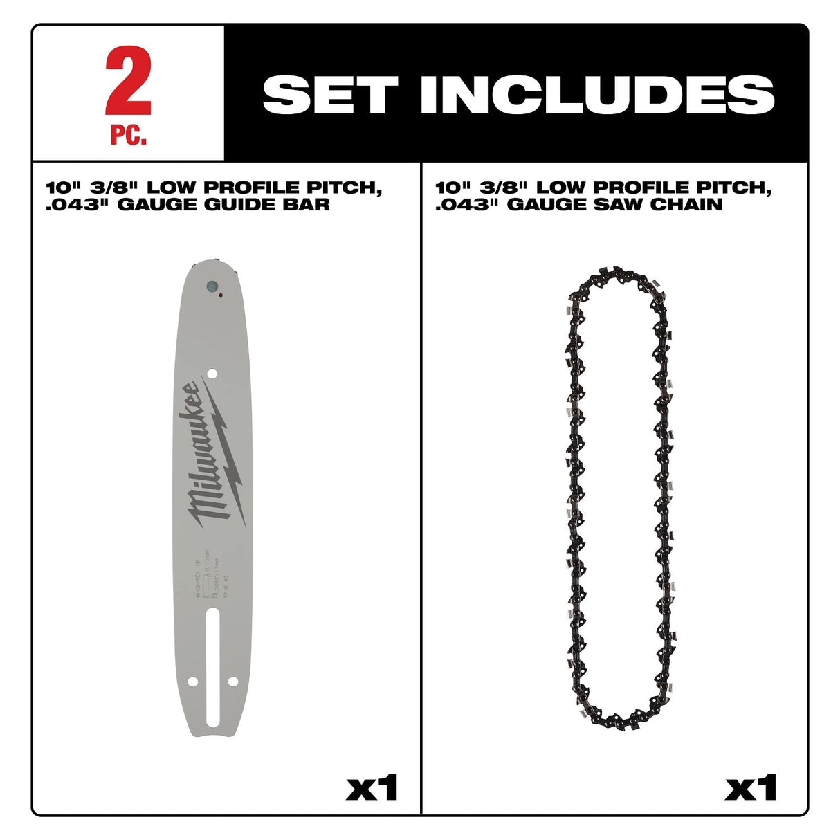 Milwaukee 49-16-2849 10 in 3/8 Low Profile Pitch 0.043 in Gauge Saw Chain and Guide Bar Set (2 Piece) - 2
