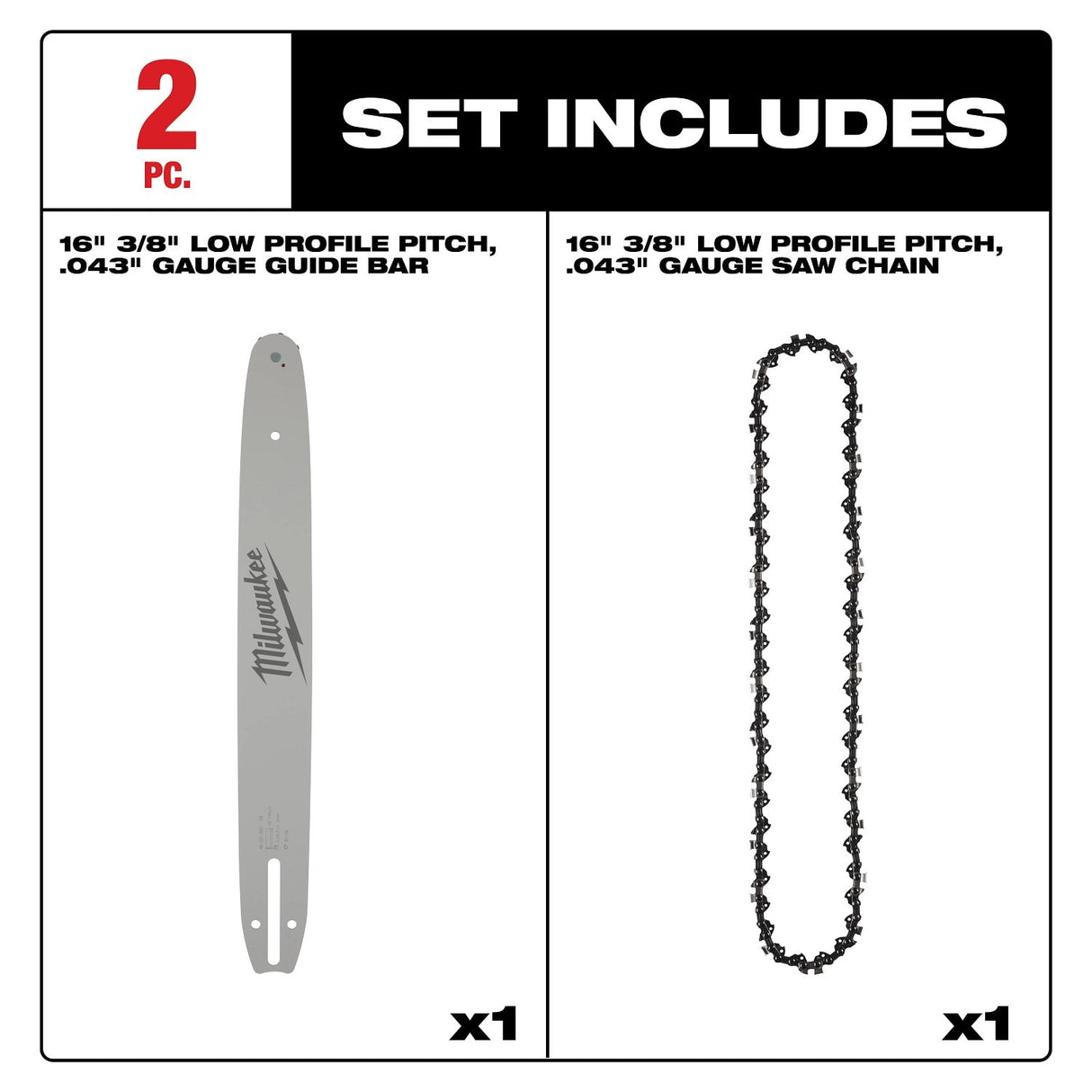 Milwaukee 49-16-2856 16 in. 3/8 in. Low Profile Pitch .043 in. Gauge Saw Chain and Guide Bar Set (2 Piece) - 2