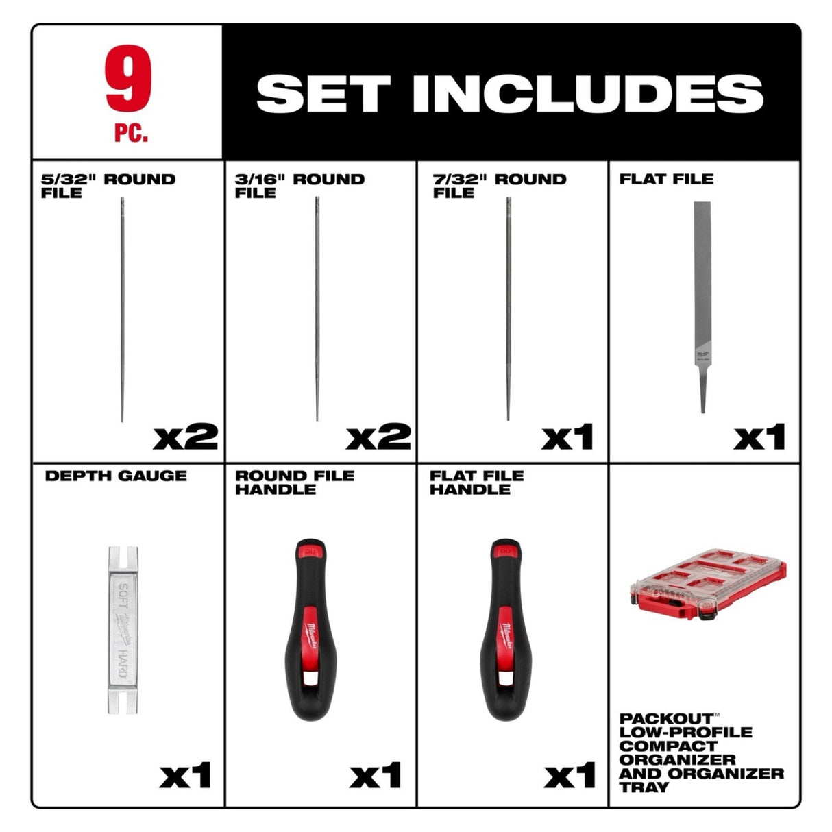 Milwaukee 49-16-2880 Saw Chain Sharpening Set with PACKOUT Low-Profile Organizer (9 Piece) - 3