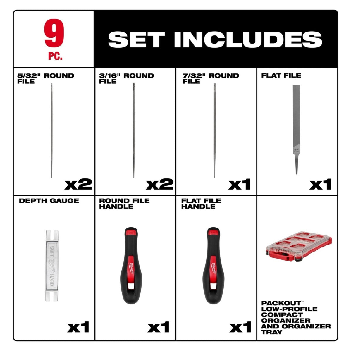 Milwaukee 49-16-2880 Saw Chain Sharpening Set with PACKOUT Low-Profile Organizer (9 Piece) - 3