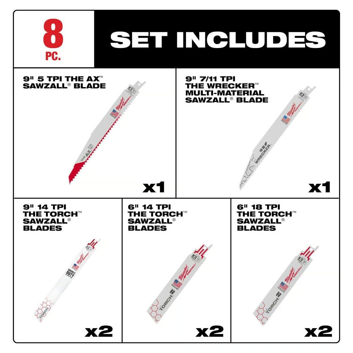 Milwaukee 49-22-1108 SAWZALL Demolition Reciprocating Saw Blade Set 6" and 9" (8 Piece) - 2