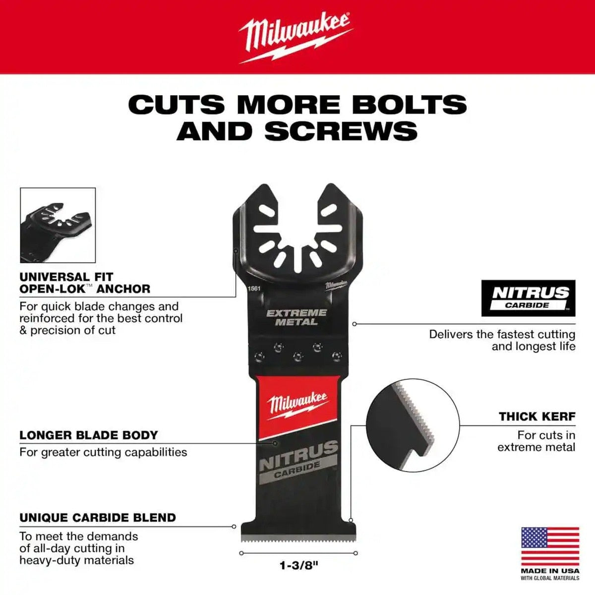 Milwaukee 49-25-1566 Nitrus Carbide OPEN-LOK Flush Cut Oscillating Multi-Tool Blades 1 3/8" x 0.042" (5 Pack) - 3
