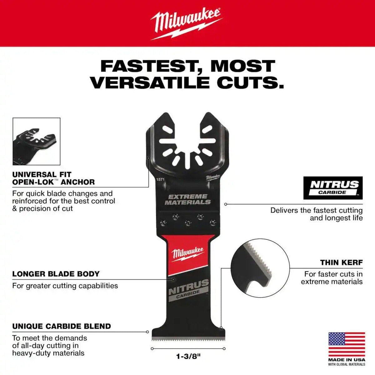 Milwaukee 49-25-1576 1-3/8" Nitrus Carbide Universal Fit Open-Lok Oscillating Multi-Tool Blade for Extreme Materials Cutting (5 Pack) - 3