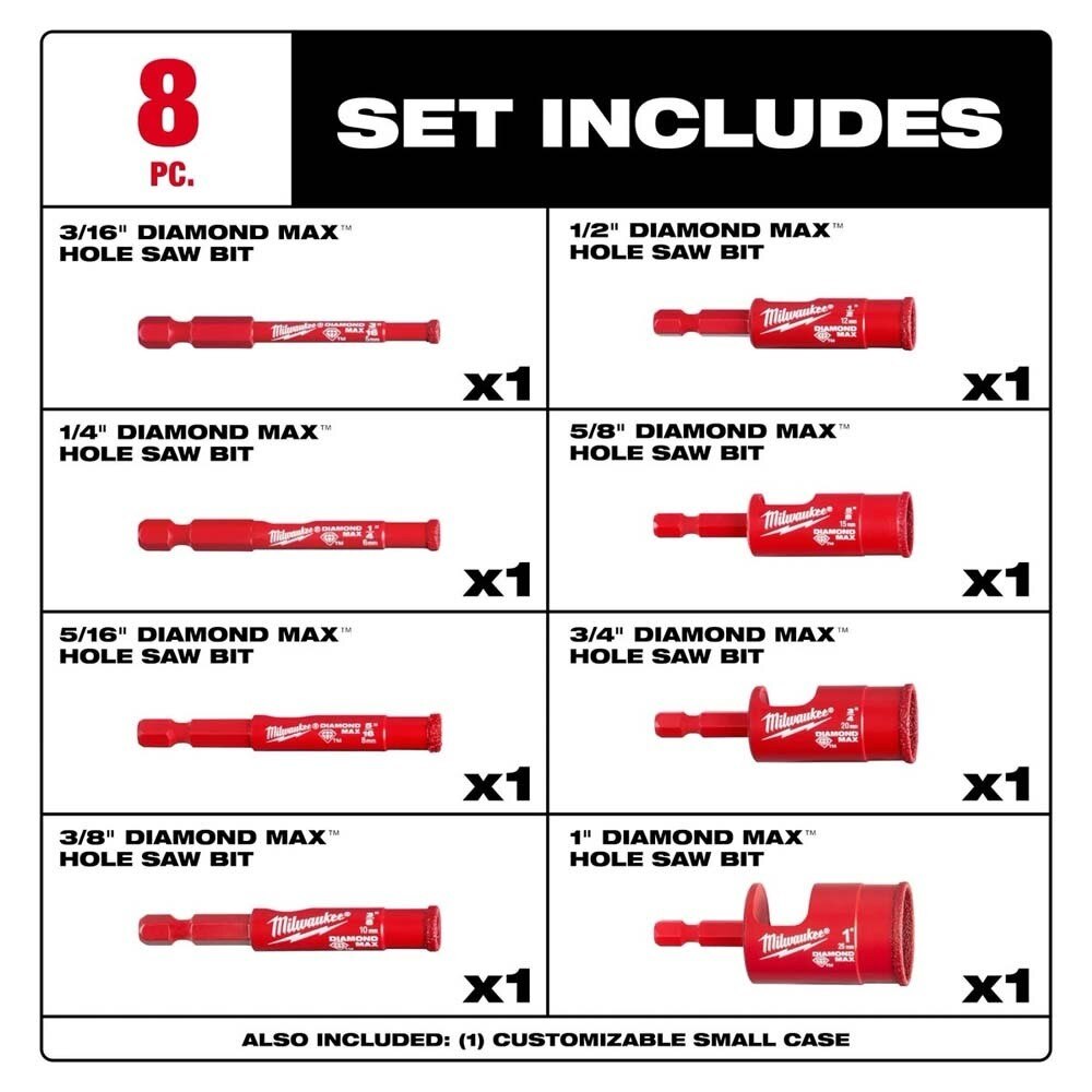 Milwaukee 49-56-0570 Diamond Max Hole Saw Bit Set - 8 Piece for Porcelain and Tile - 4