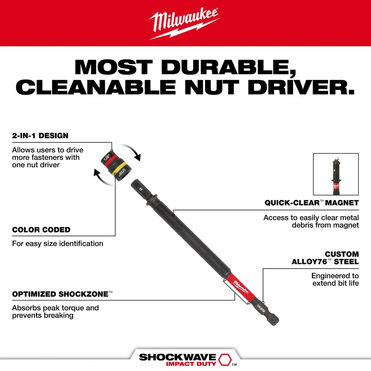 Milwaukee 49-66-4745 SHOCKWAVE Impact Duty 1/4 and 5/16 x 6 QUIK-CLEAR 2-in-1 Magnetic Nut Driver - 4