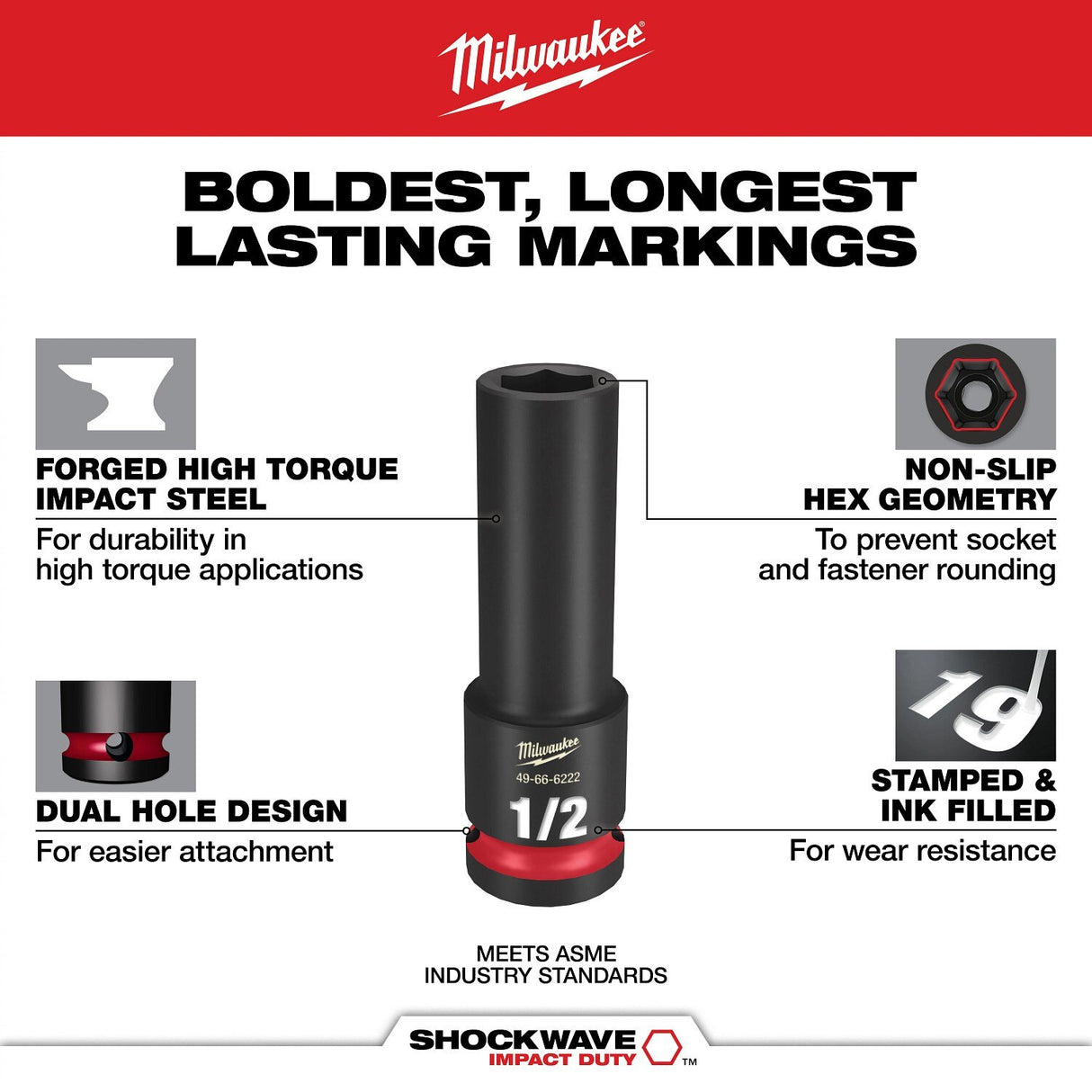 Milwaukee 49-66-6019 Shockwave Impact Duty 1/4" Drive 1/2" Deep 6 Point Impact Socket - 3